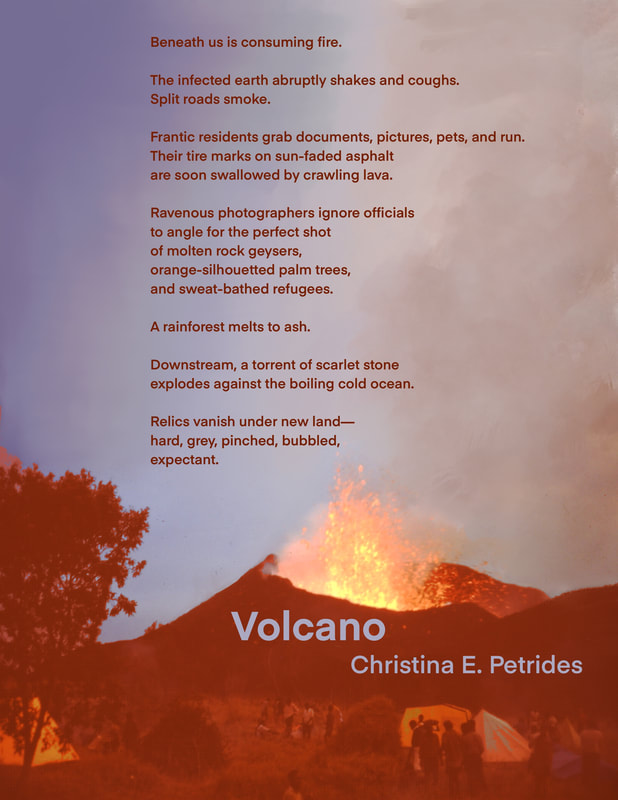 Image of a Volcano with a poem overlayed on top 
