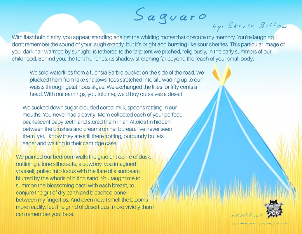 pastel crayon illustration of a blue tent in golden tall grass with flash fiction to the left titled Saguaro